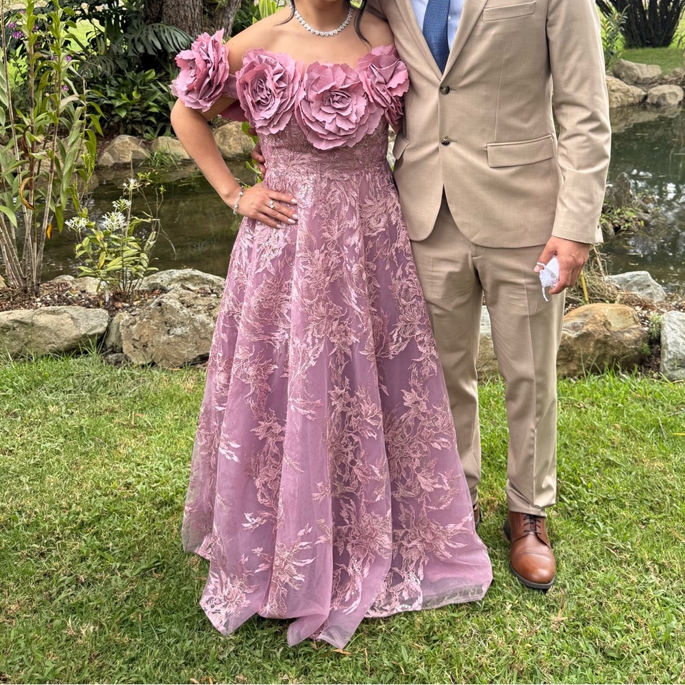 Mac Duggal Lavender Floral Off-Shoulder Gown